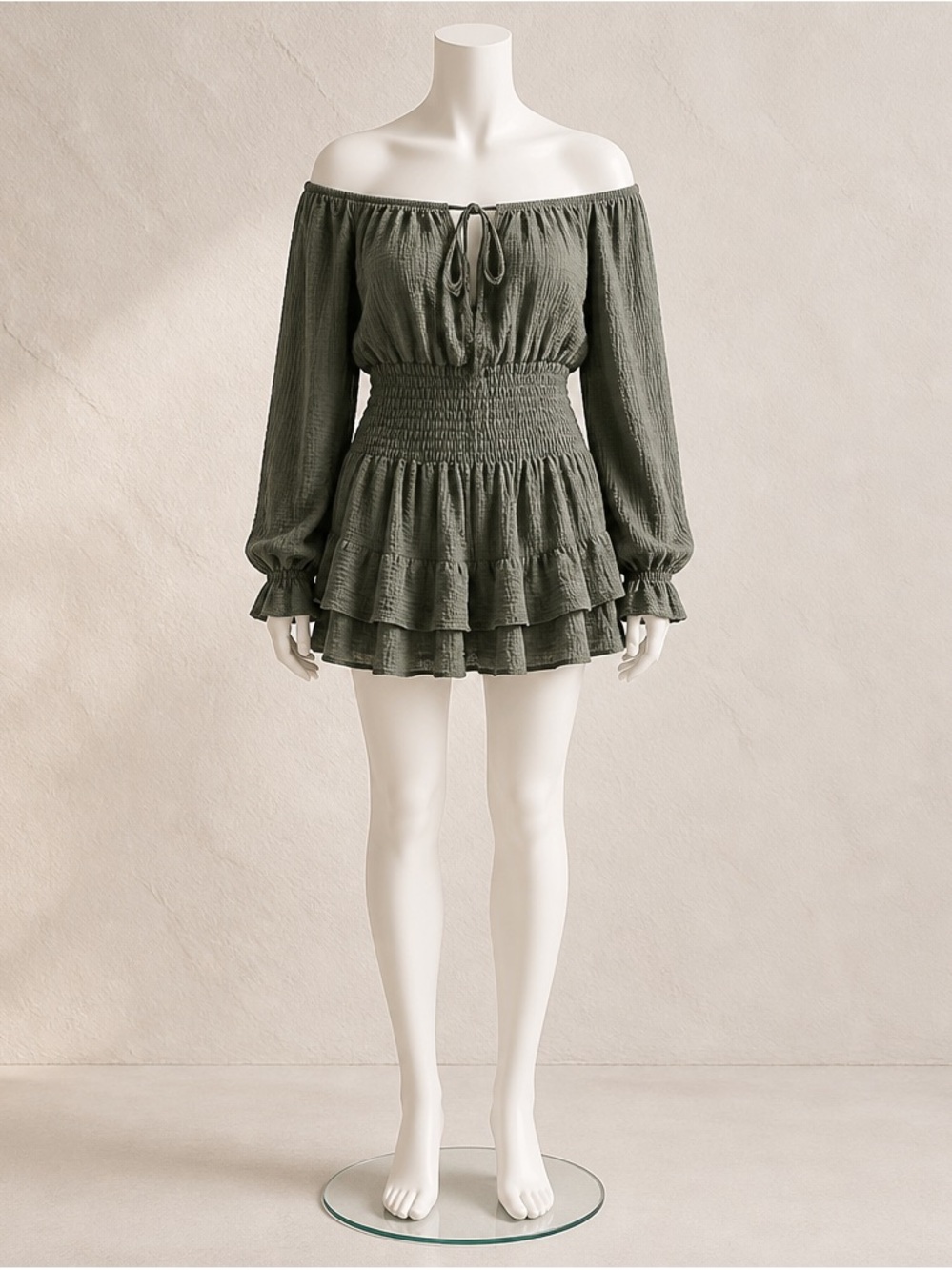 MAJORELLE Olive Green Off-Shoulder Ruffle Mini Dress